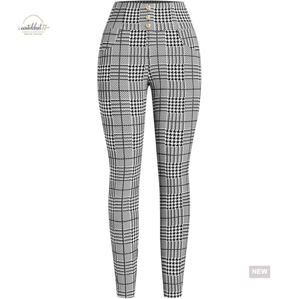 Stretch Slim Fit Tummy Control Office Trousers Checkered Pattern Business Casual